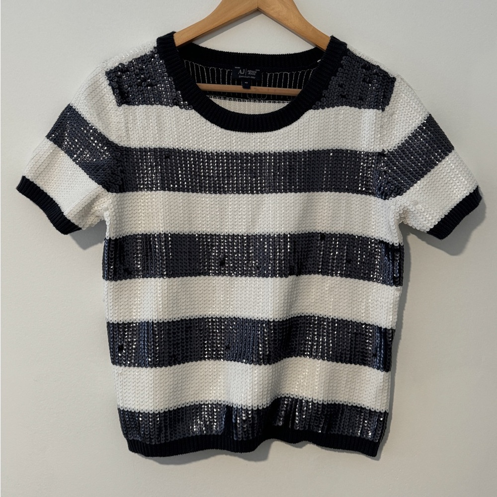 ARMANI JEANS BOLD STRIPE SEQUIN DETAIL JUMPER IN NAVY
